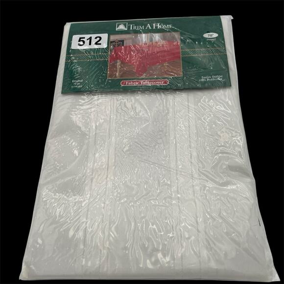 Trim a Home White Cloth Tablecloth Round 70” Satin Strip Polyester NEW - Picture 1 of 14